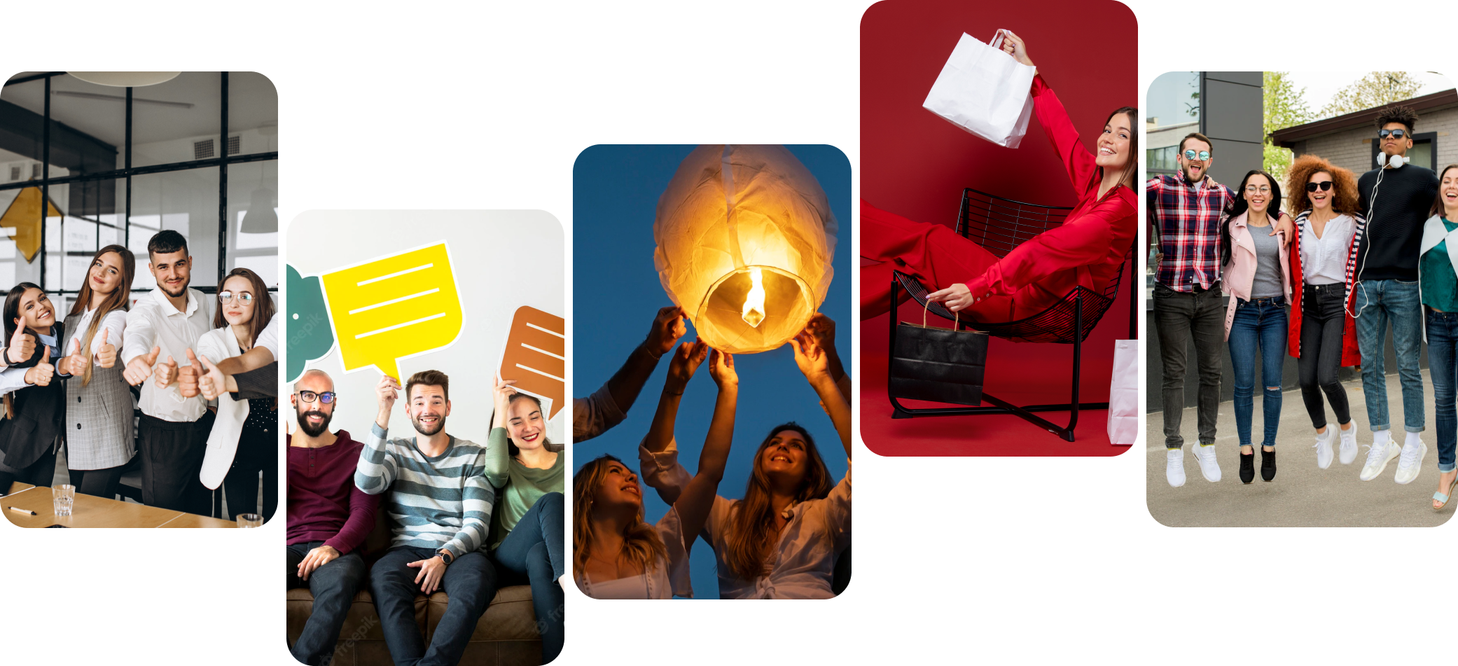 Collage of team, chat bubbles, lantern release, shopper, and friends at Feur Media House.
